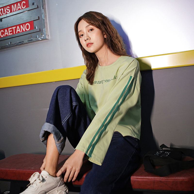 元素港风酷酷风格女装短款原宿夏长袖t恤奶橘色上衣女潮嘻哈打底