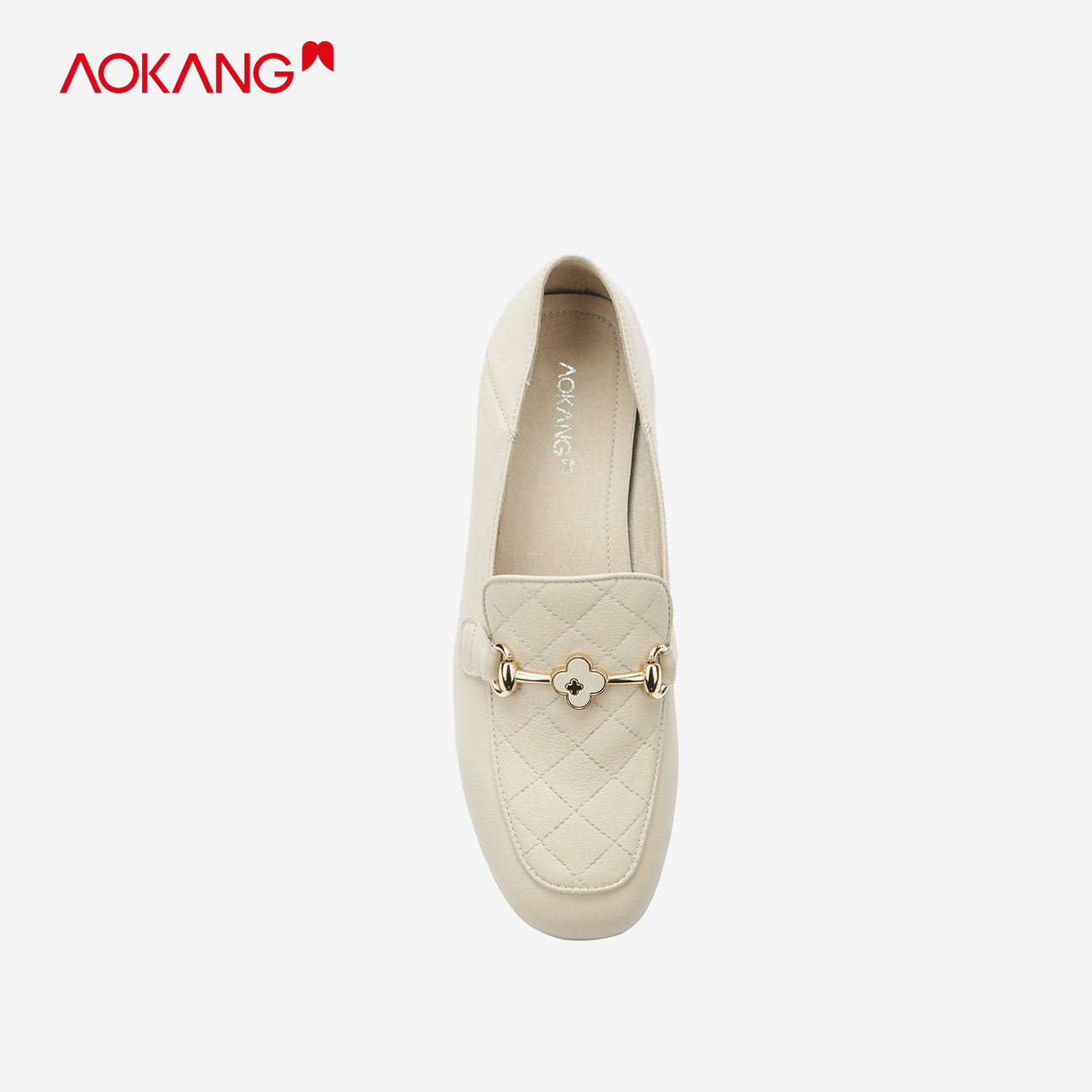 奥康女鞋春秋新款方头真皮低跟乐福休闲单鞋单鞋