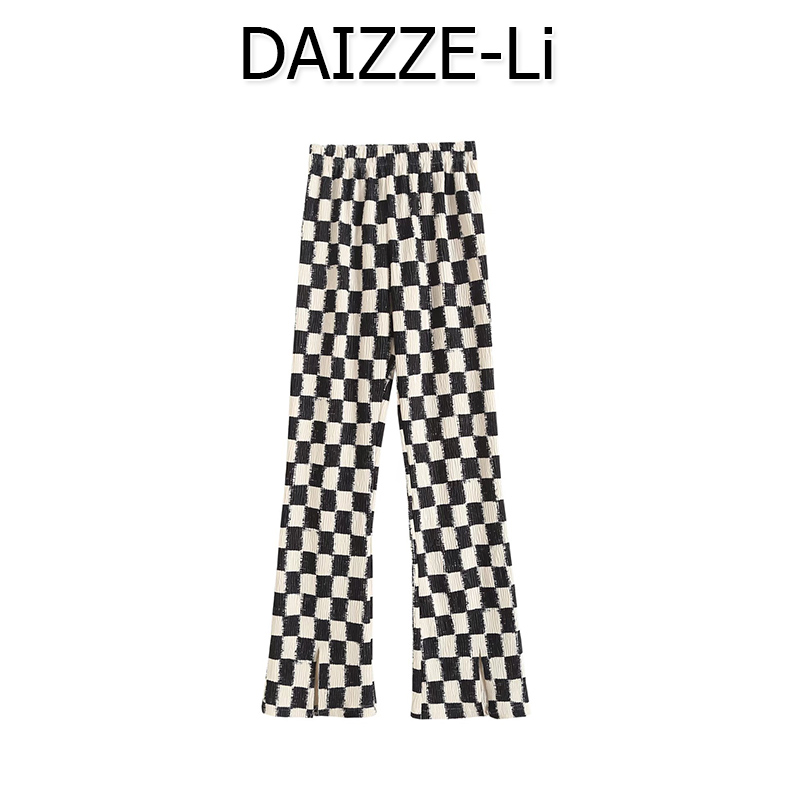DAIZZE 2021秋冬新款格子裤女棋盘格高腰显瘦百搭气质喇叭休闲裤
