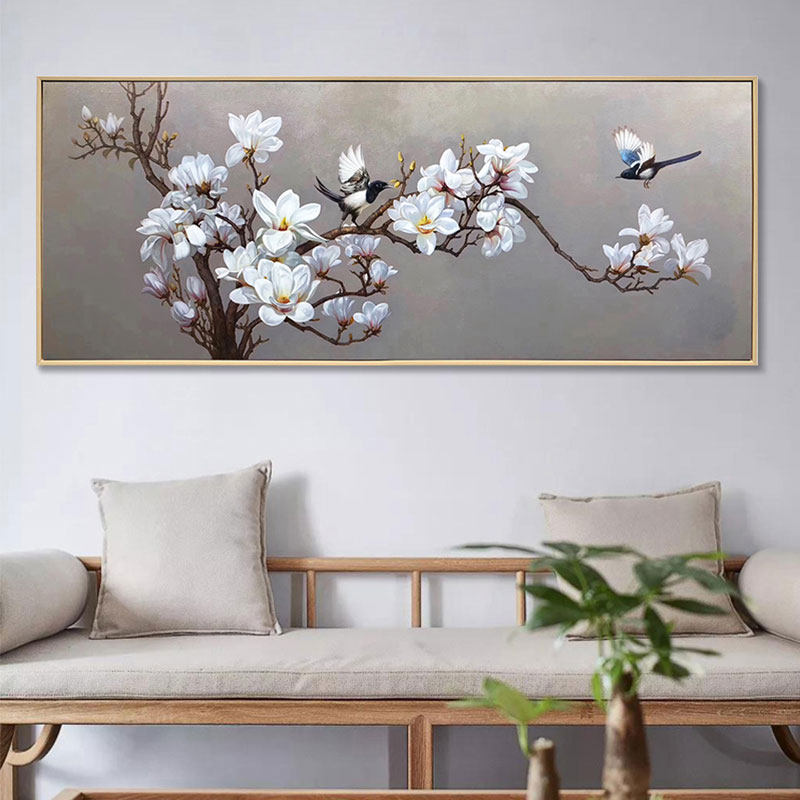 手绘装饰画书房餐厅木兰花中式油画新中式挂画花鸟油画