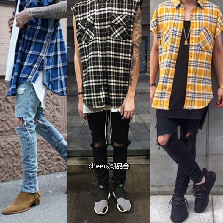 ulzzang潮牌 嘻哈滑板高街头侧拉链开叉无袖衬衫格子格纹衬衫男女