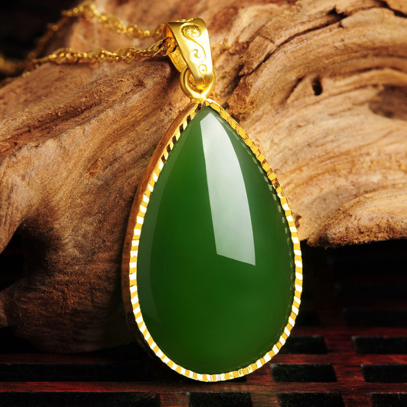 黄金吊坠金镶玉 女款足金包玉和田玉珠宝碧玉坠