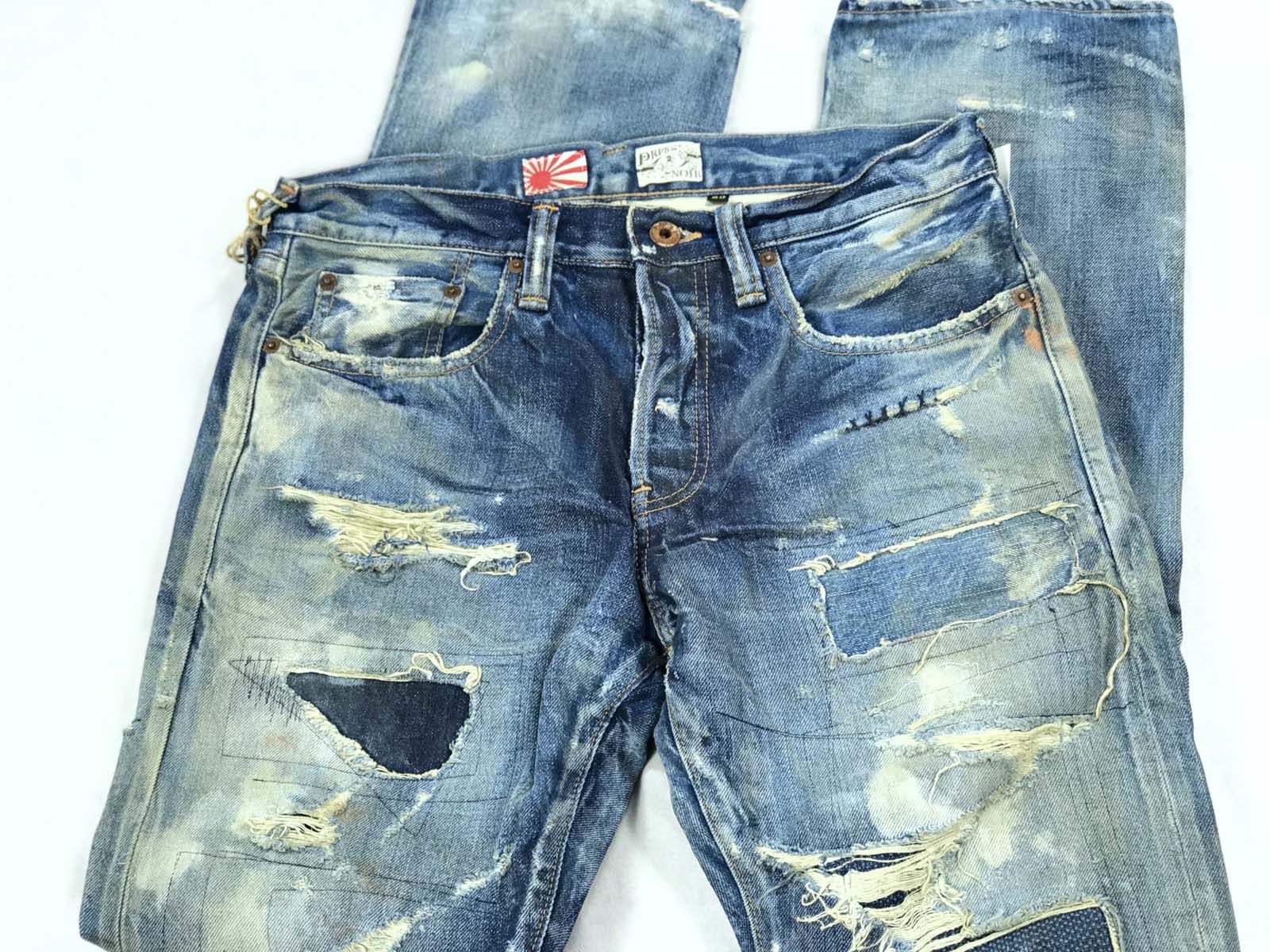 prpsnoir牛仔裤制品补丁做旧蓝色洗水长裤日产牛仔裤