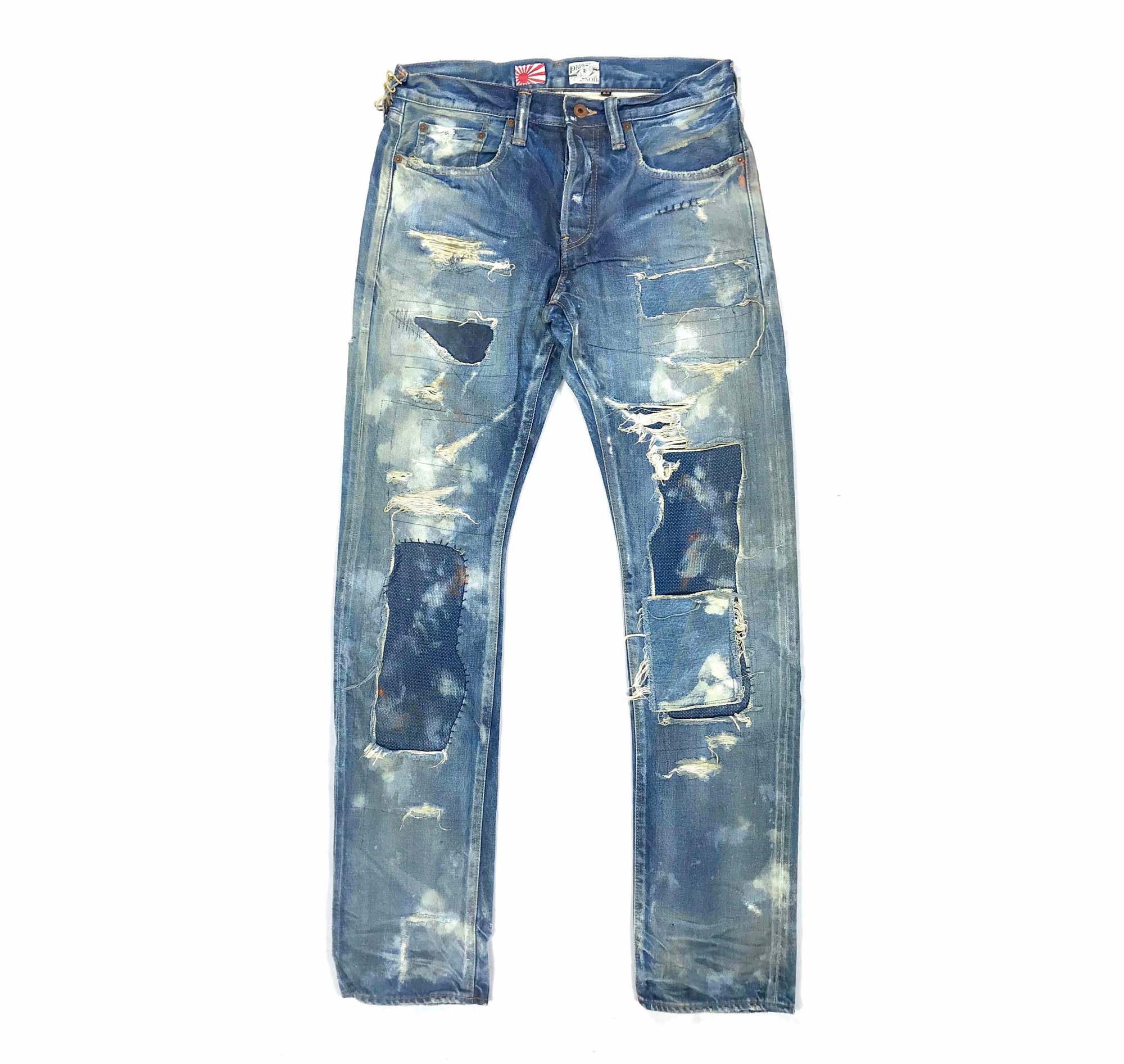 prpsnoir牛仔裤制品补丁做旧蓝色洗水长裤日产牛仔裤