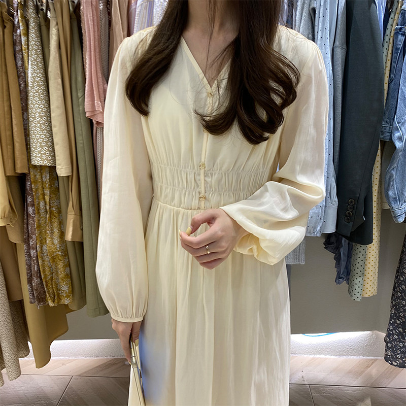 allo2021纯色实拍女装连衣裙优雅气质高腰春夏季单排连衣裙