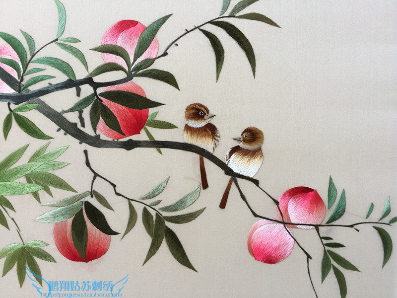 苏绣成品客厅装饰挂画手工刺绣桃子花鸟卧室苏绣