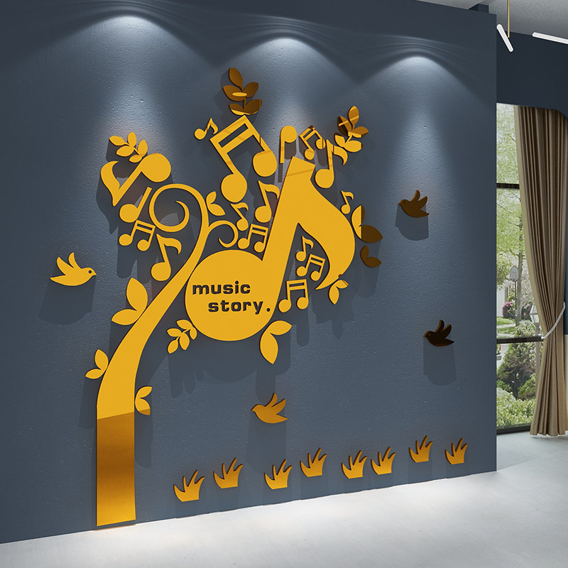 亚克力镜面快乐音符符号幼儿园音乐3d教室墙贴立体墙贴