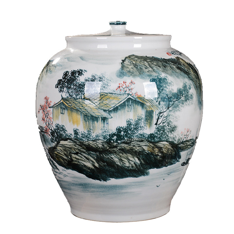 景德镇手绘山水陶瓷米缸带盖防潮50斤米桶酒坛米桶