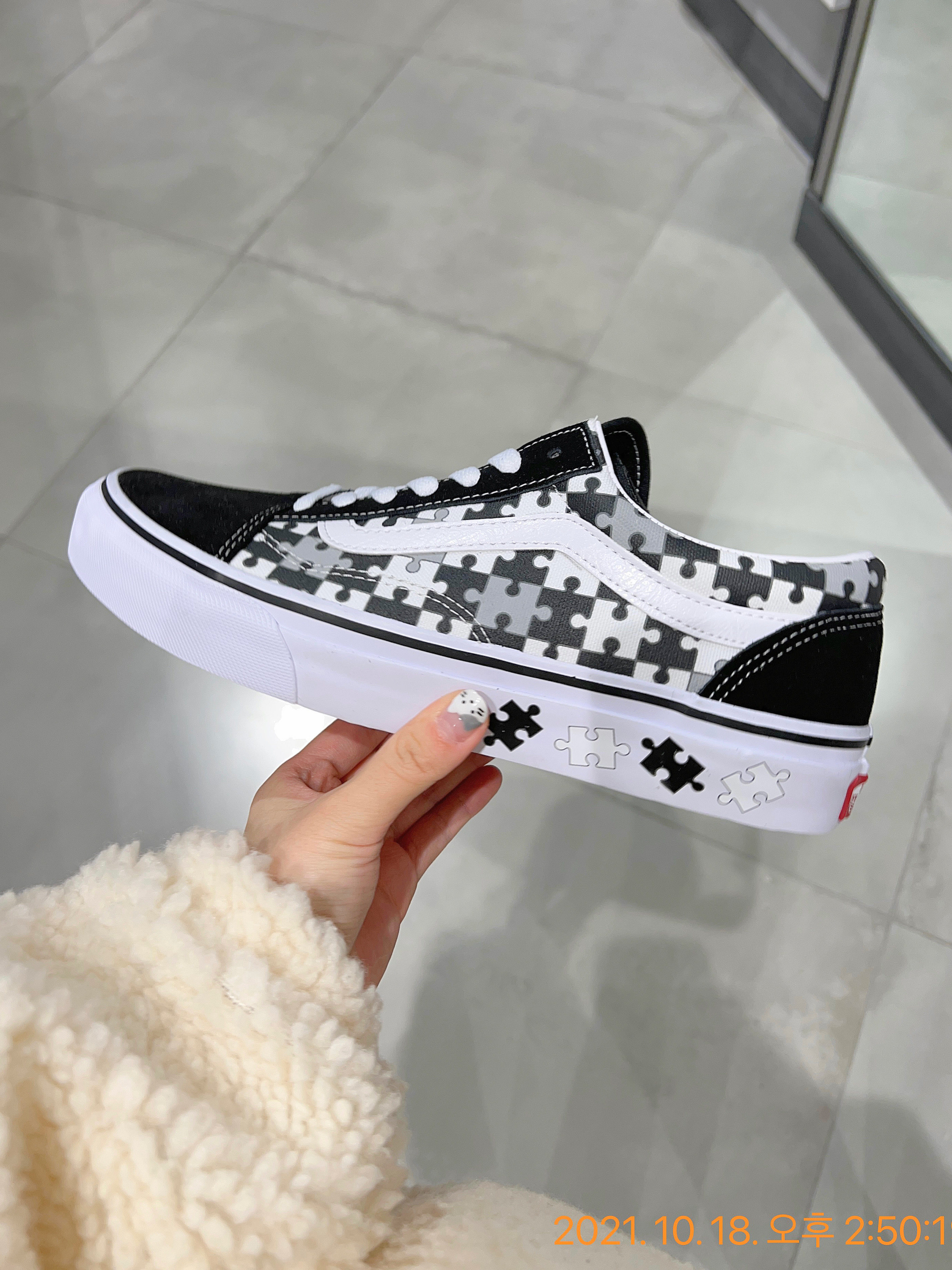 韩国代购直邮vansoldskool拼图黑白新款男女布鞋