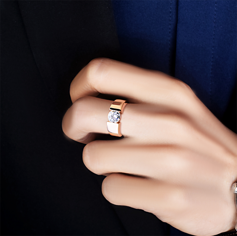 美国男戒简单钻戒1克拉进口彩金黄金玫瑰金黄金戒指