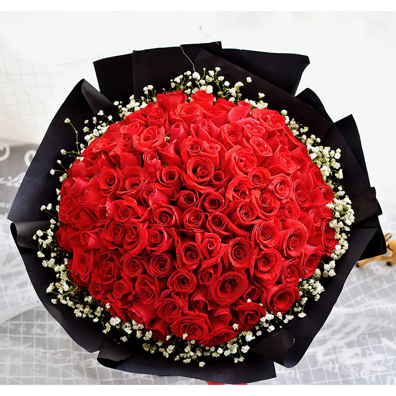 鲜花速递99朵红玫瑰花束求爱生日纪念日教师节心形礼盒鲜花速递同城