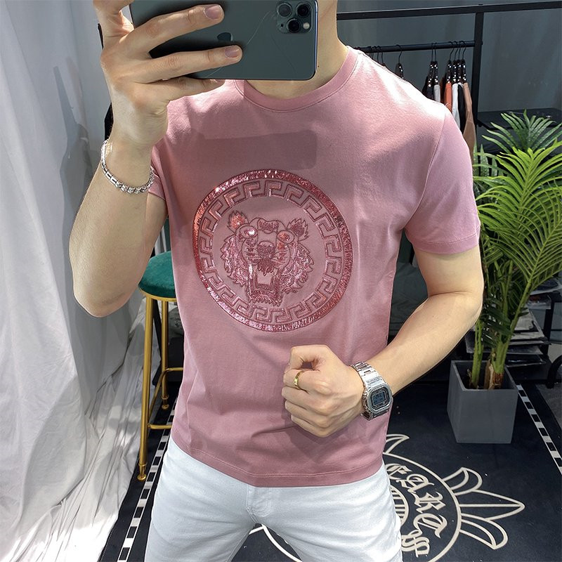 欧洲站纯棉t恤男士潮牌圆领虎头修身百搭短袖潮流修身欧货男装帅