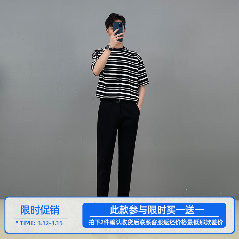 t恤男夏季短袖男士条纹体恤韩版宽松纯绵印花休闲半袖上衣服潮牌