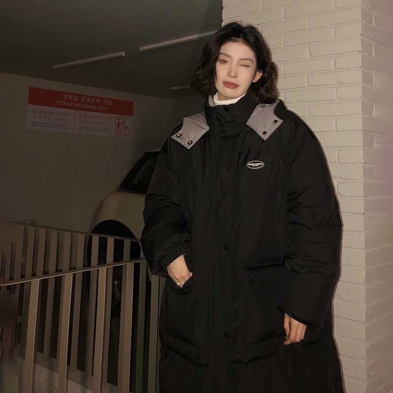 吵吵家 中长款连帽棉衣棉服女秋冬韩版宽松休闲加厚保暖过膝外套B