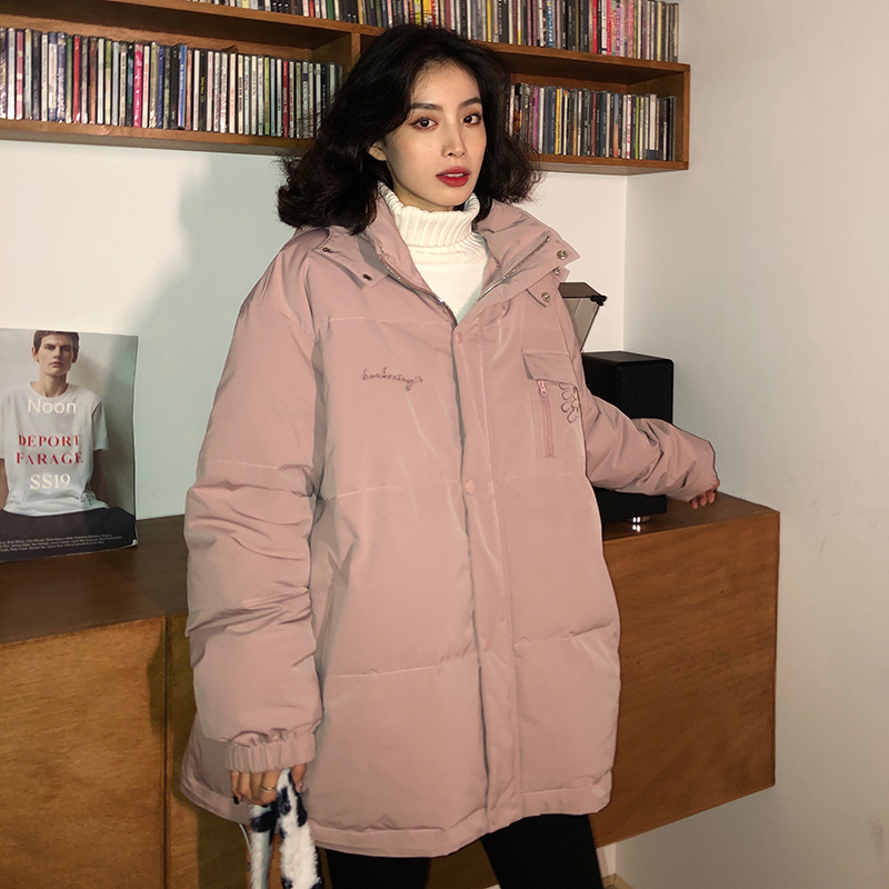 吵吵家 粉色连帽加厚棉服女2022春季新款韩版宽松刺绣棉衣外套潮Y