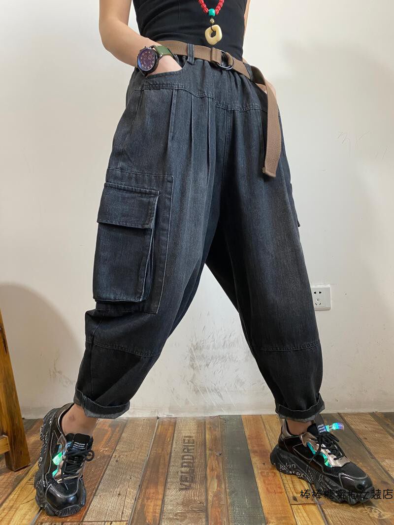 2022春季新款时尚个性口袋牛仔工装裤女宽松牛仔裤