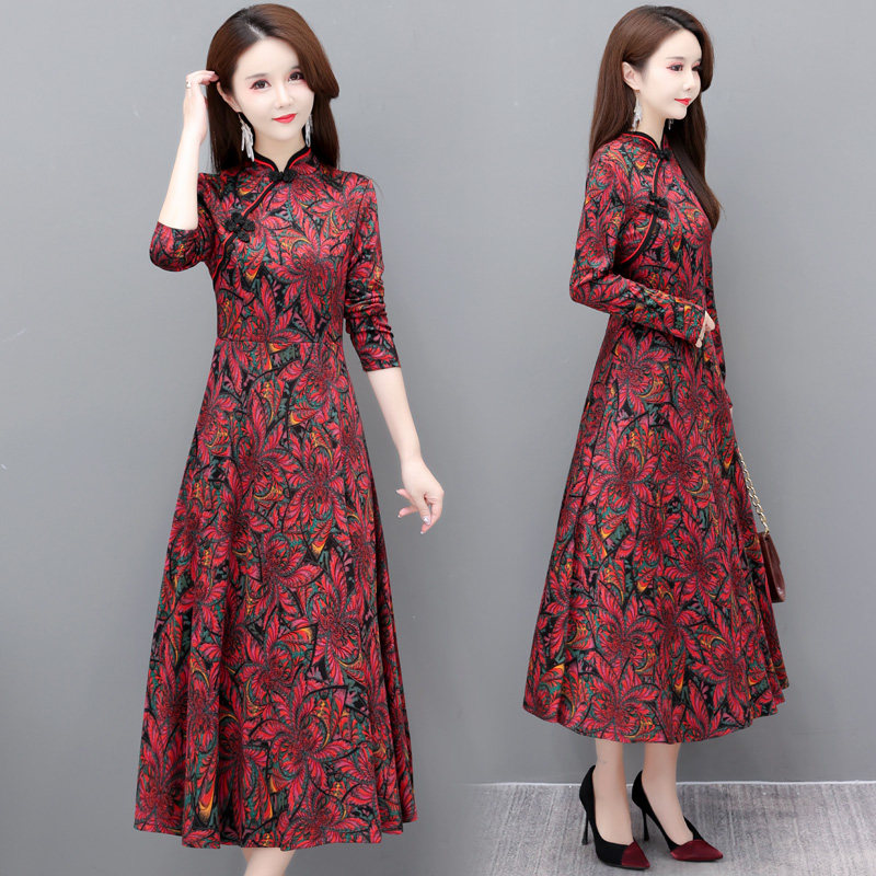 妈妈旗袍连衣裙女冬款冬季冬天2022年新款加绒加厚连衣裙