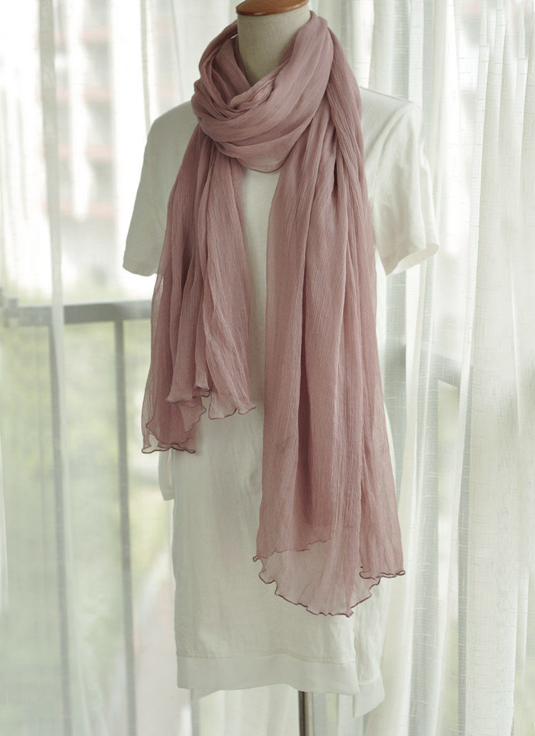 藕粉粉色褶皱围巾丝巾真丝桑蚕蚕丝长款披肩围巾