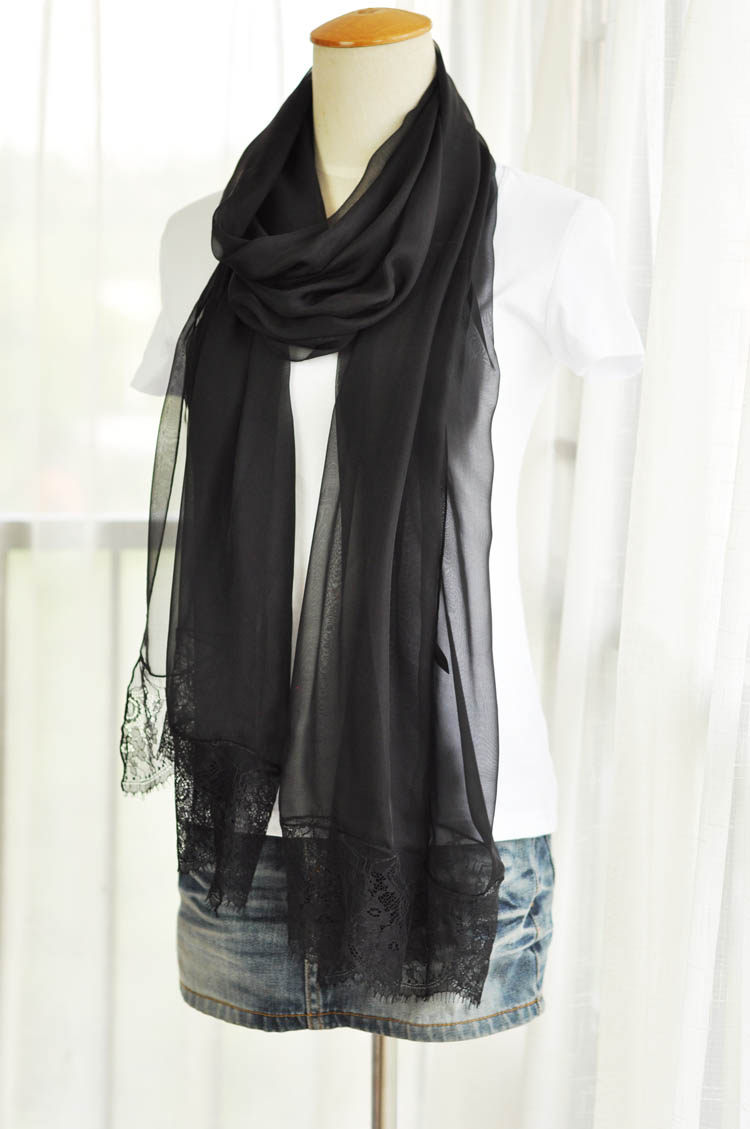 百搭丝巾黑色薄款蕾丝真丝围巾桑蚕蚕丝纱巾围巾