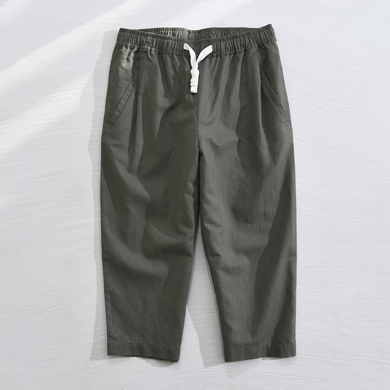 日系薄款棉麻七分裤男士宽松直筒休闲裤青年哈伦裤夏季透气沙滩裤