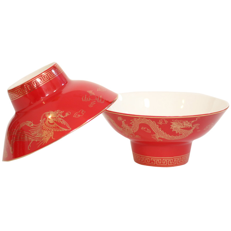 骨瓷故园龙凤宫廷高脚红色复古温州订婚结婚碗