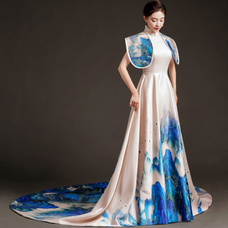 礼服国潮高端千里江山裙拖尾长款艺考古筝演出服礼服