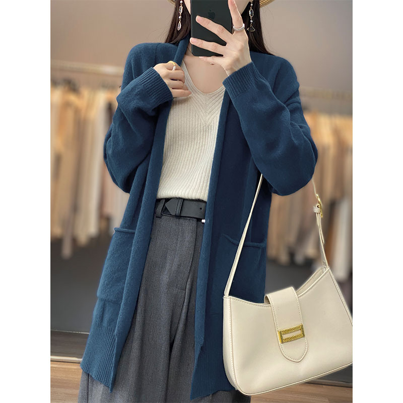 秋冬新款100%纯羊毛开衫女中长款无扣毛衣外套宽松慵懒针织毛衣