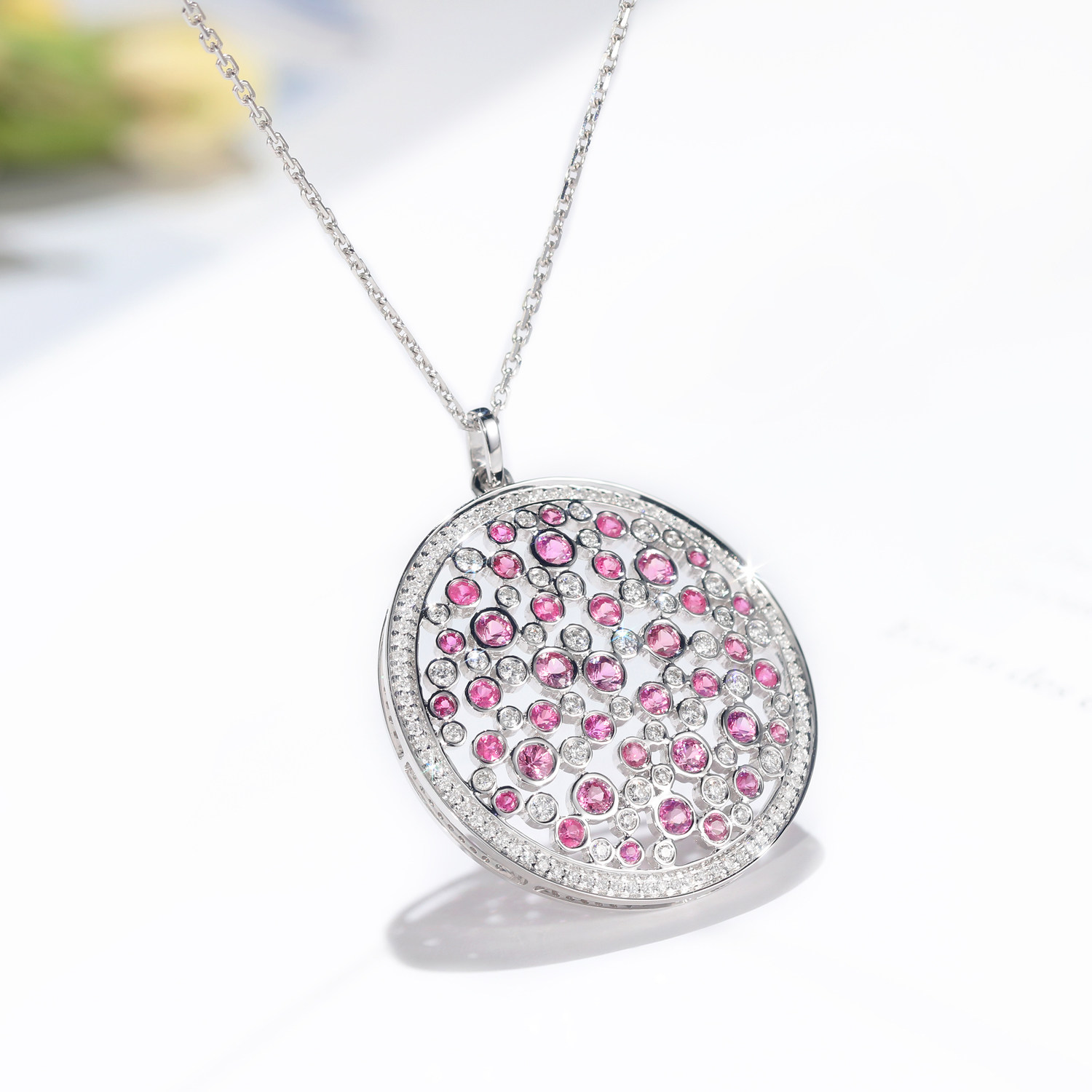 宝石金色吊坠彩金毛衣真钻项链圆牌钻石矿工颈饰