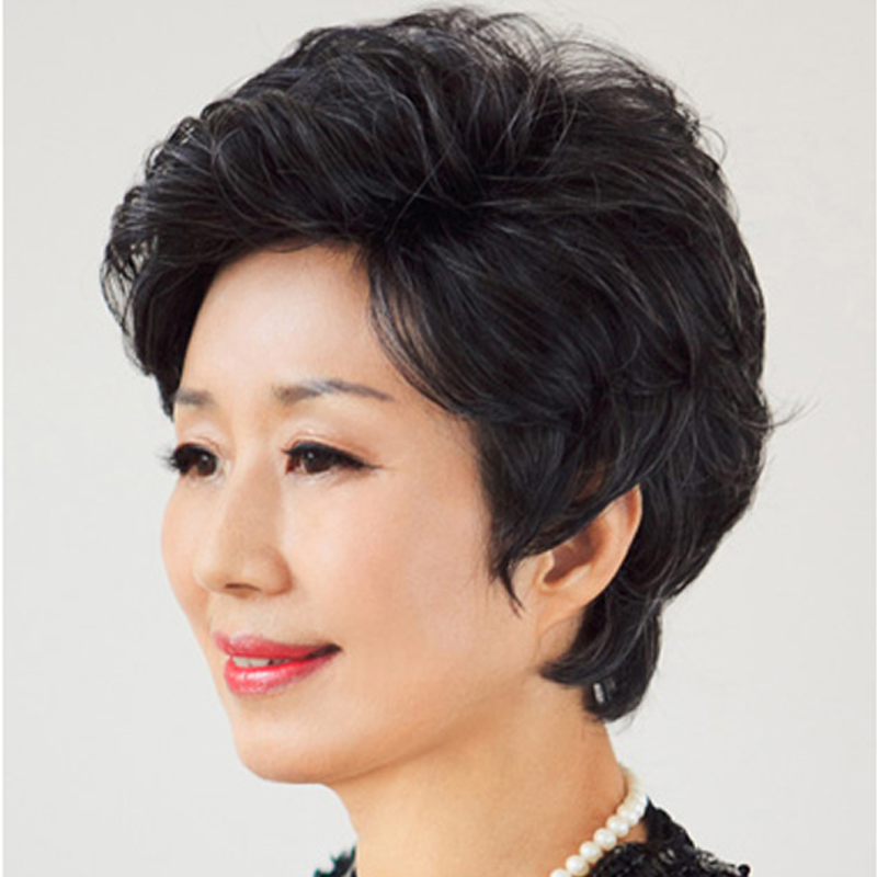 假发奶奶蓬松花白短卷发80岁老人头套白色真发日常整顶假发