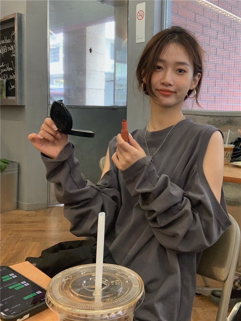 韩风chic露肩长袖宽松T恤女装2021春秋新款体恤打底衫上衣服ins潮