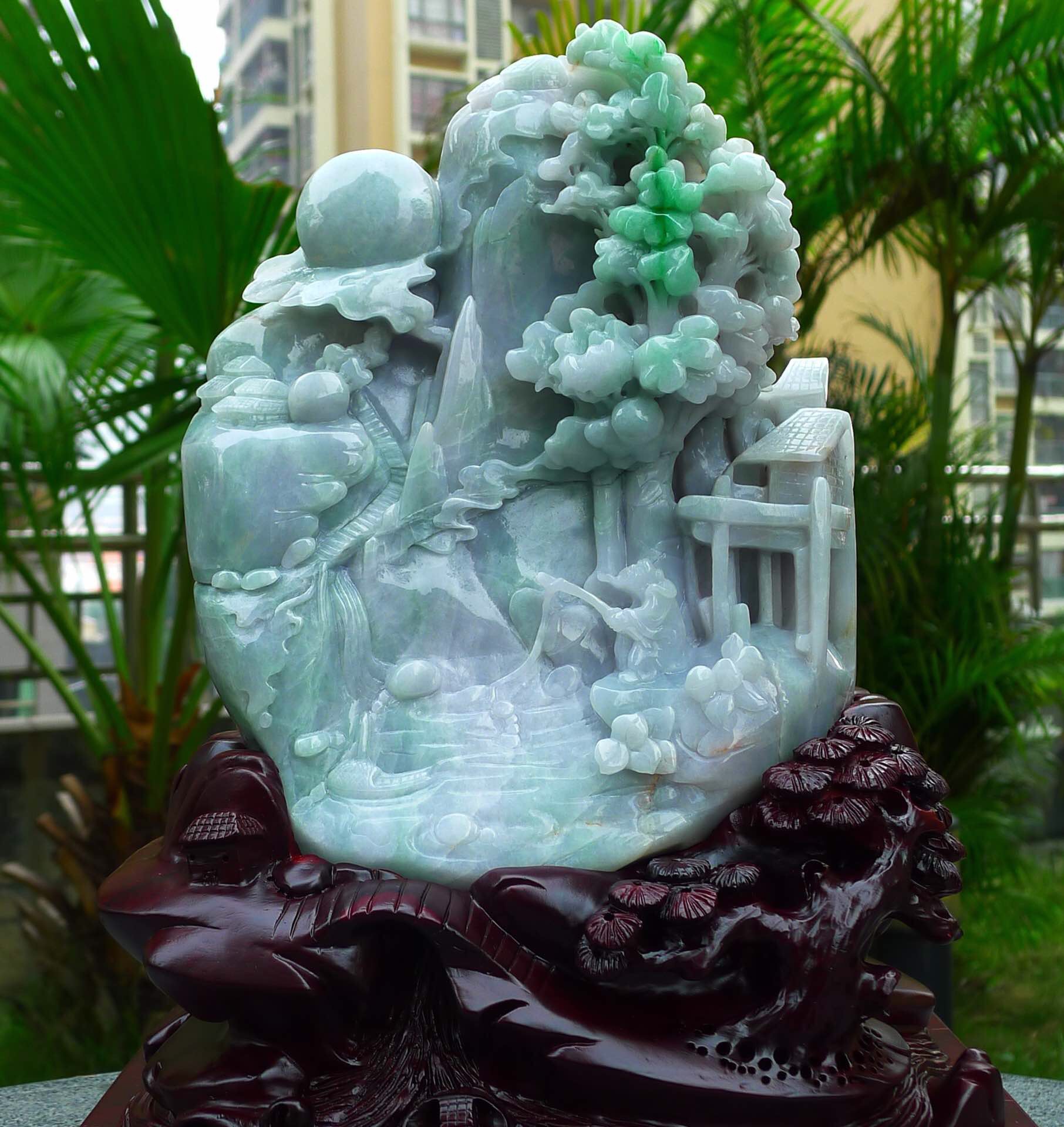 大件山水摆件缅甸天然翡翠货飘花阳高山流水雕刻流畅珠宝奇石