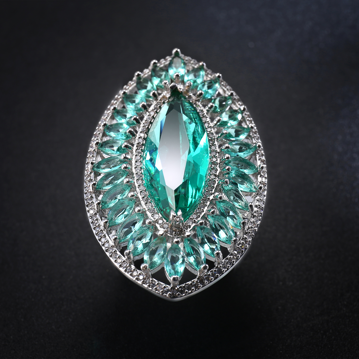 超大炫酷闪亮简约水滴马眼祖母祖母绿绿宝石饰品戒指