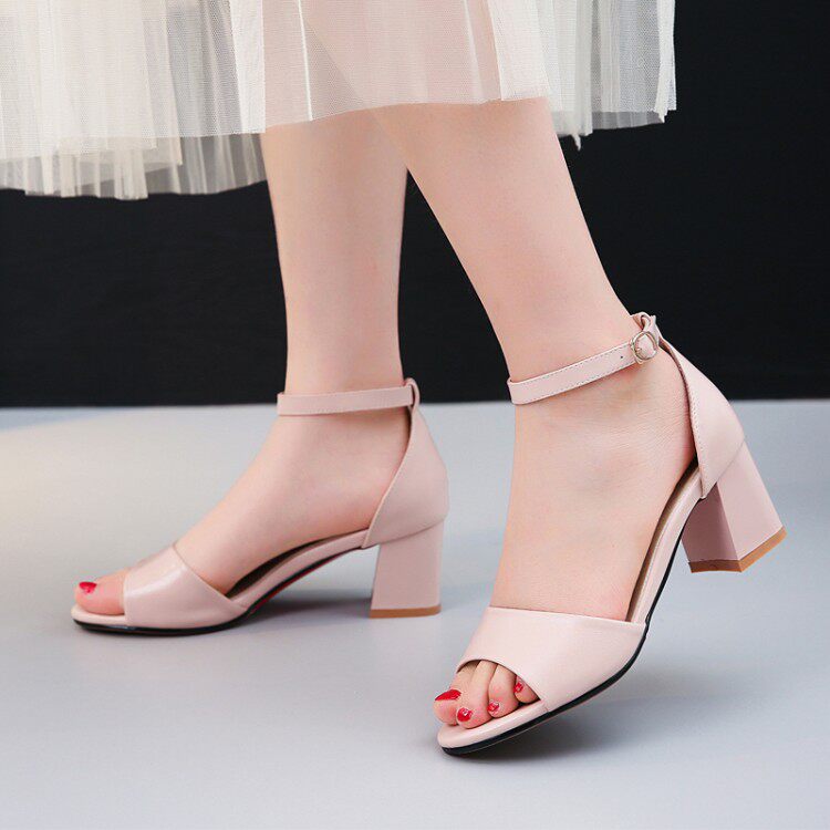 夏季女蓝色粉色女鞋白色凉鞋粗跟高跟凉鞋大码凉鞋小码凉鞋 wmnh