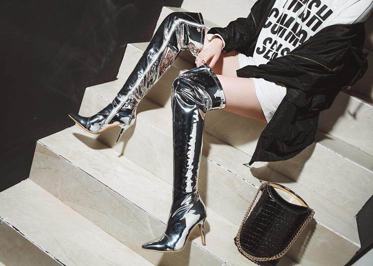 尖头演出银色靴子细跟高跟过膝长靴女鞋表演时装靴