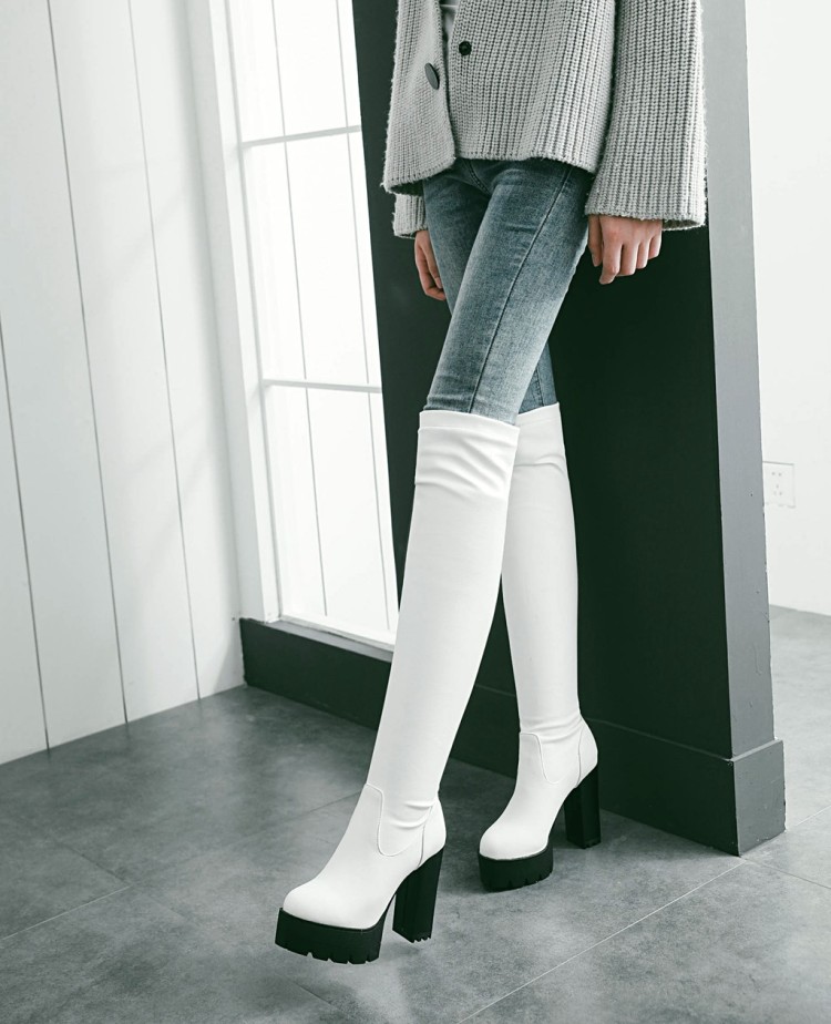 白色靴子粗跟高跟过膝长靴长筒弹力瘦靴防水时装靴