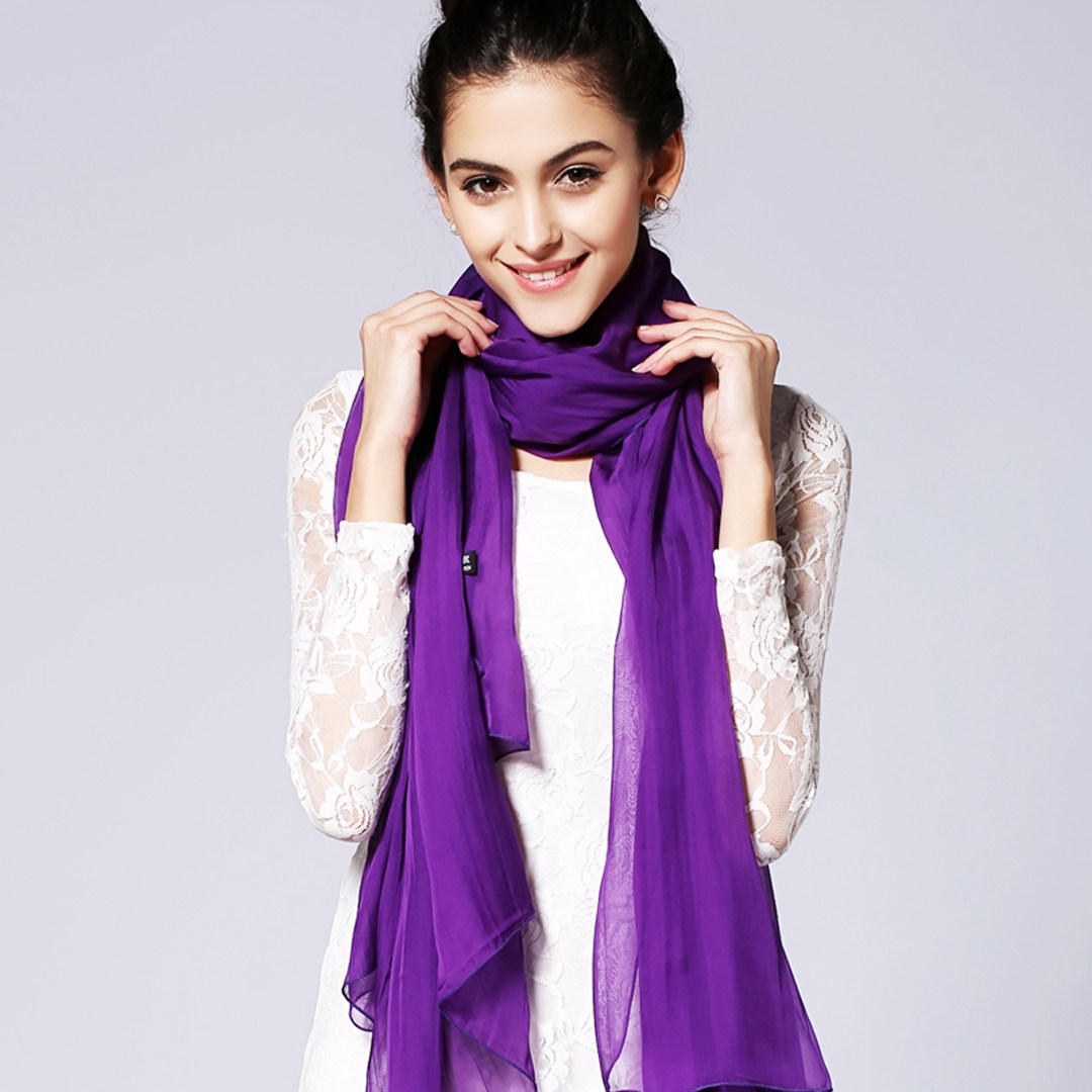 紫色丝巾纯色两用薄款真丝雪纺冬季围巾桑蚕丝披肩女春秋百搭纱巾