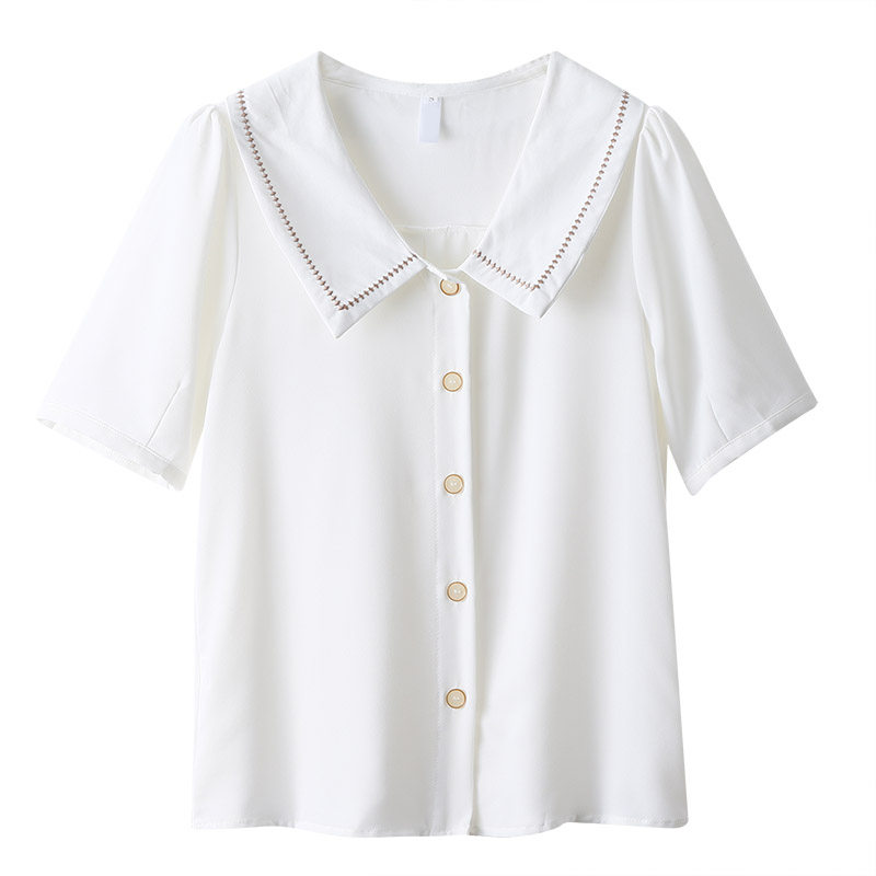 港味复古娃娃白色雪纺衬衫2021下新款百搭宽松衬衫
