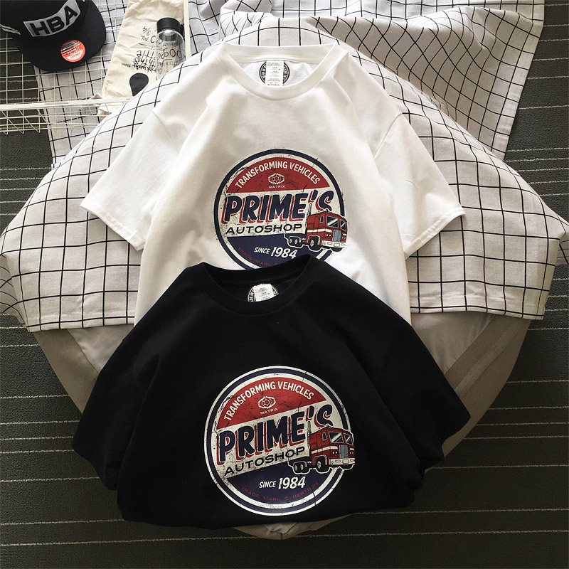 欧美街头复古简约字母体恤夏季新款圆领宽松t恤情侣短袖潮男短tee