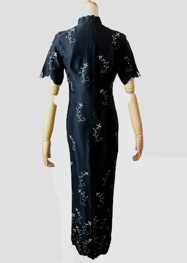 vintage复古地平裁桑蚕丝旗袍玲珑深色黑色绣花旗袍