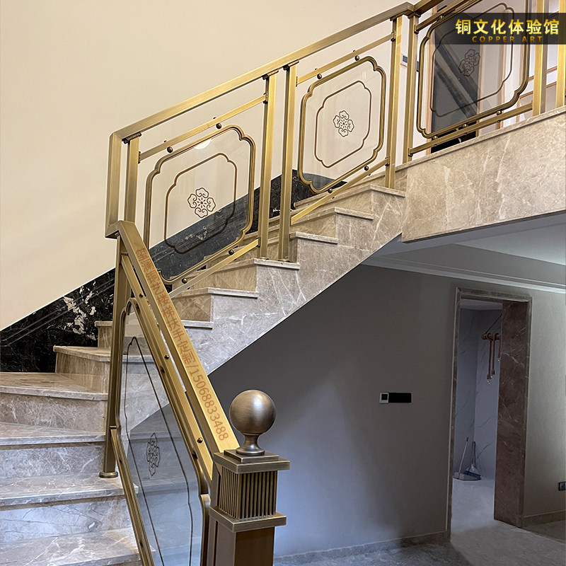 新中式扶手护栏钢化玻璃装饰现代简约金属拉丝栏杆楼梯立柱