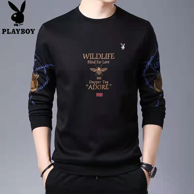 花花公子男士长袖卫衣薄款圆领长袖T恤春装宽松大码中青年打底衫