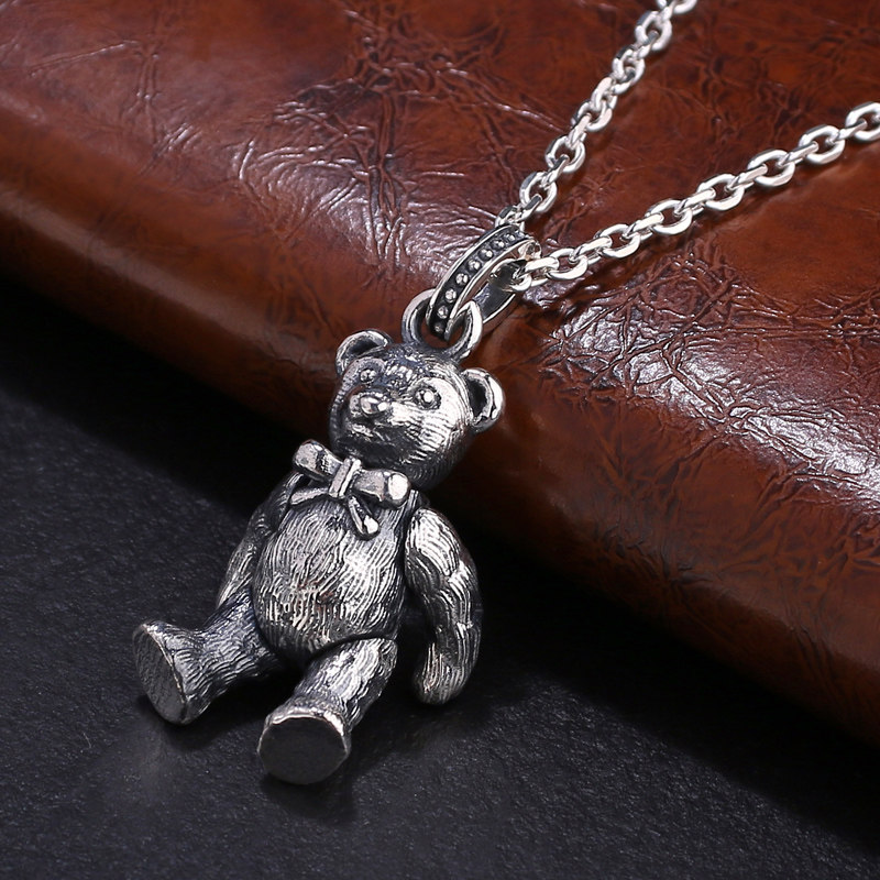 日韩s925纯银复古跳舞小熊泰迪熊项链可爱卡通项链