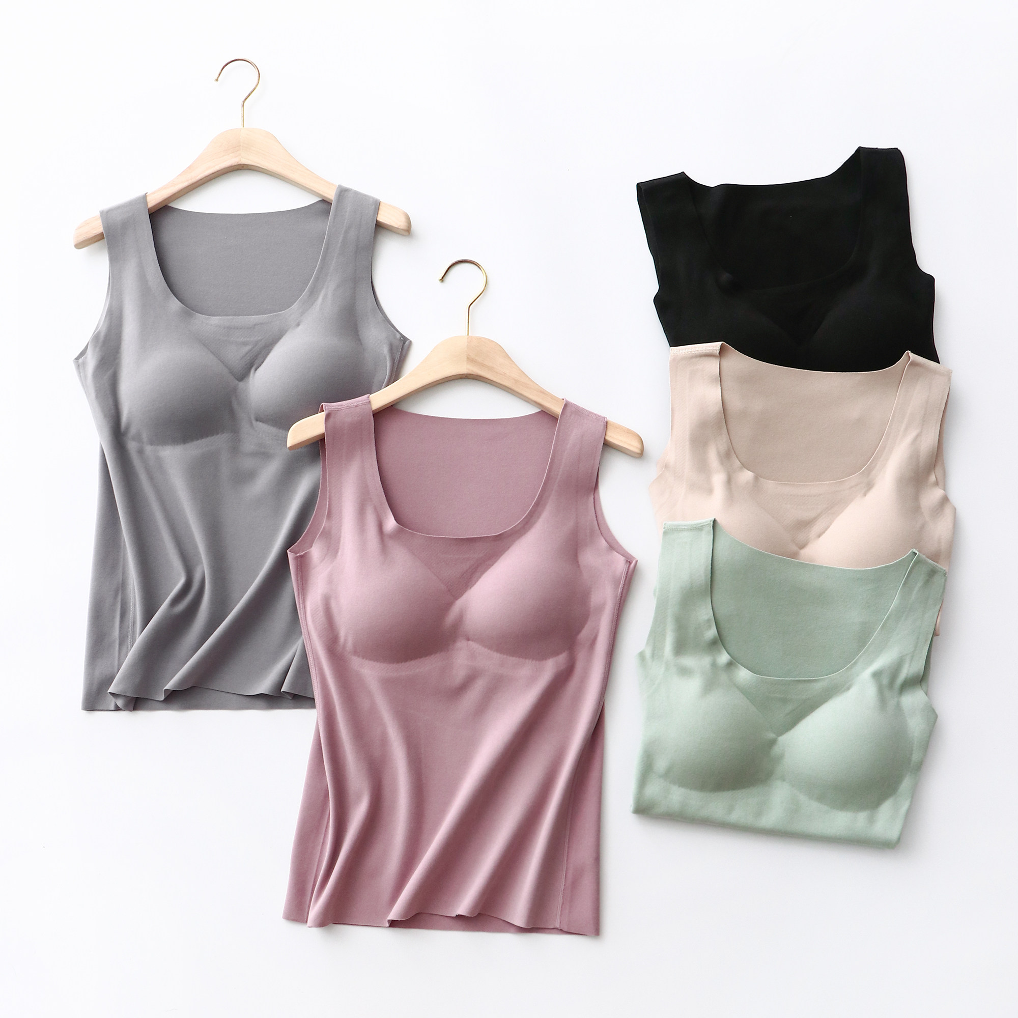 双面德绒带胸保暖背心女发发热无痕加绒内衣背心吊带