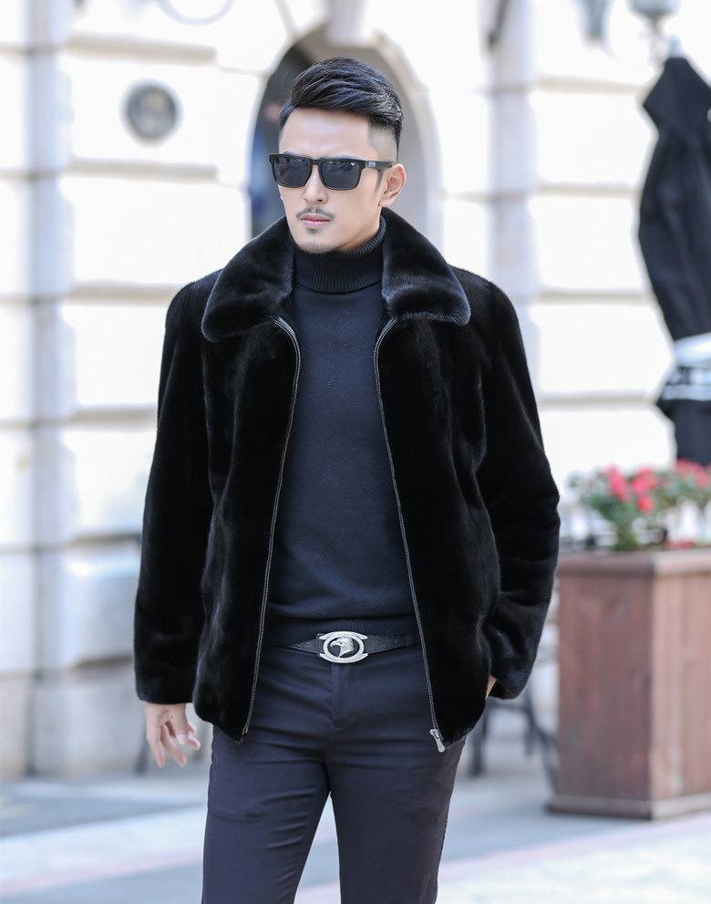 美国水貂夹克皮草毛皮草翻领进口整貂男装大衣皮衣