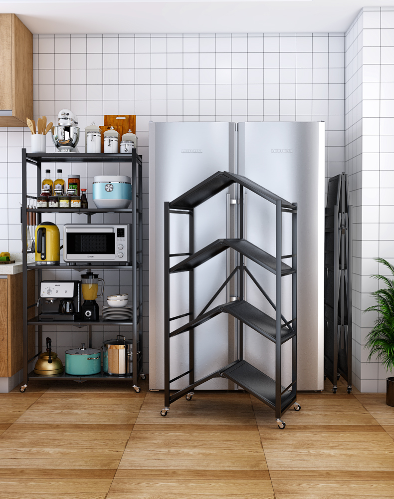 安装可折叠厨房置物架落地多层层带移动架子不锈钢厨房置物架