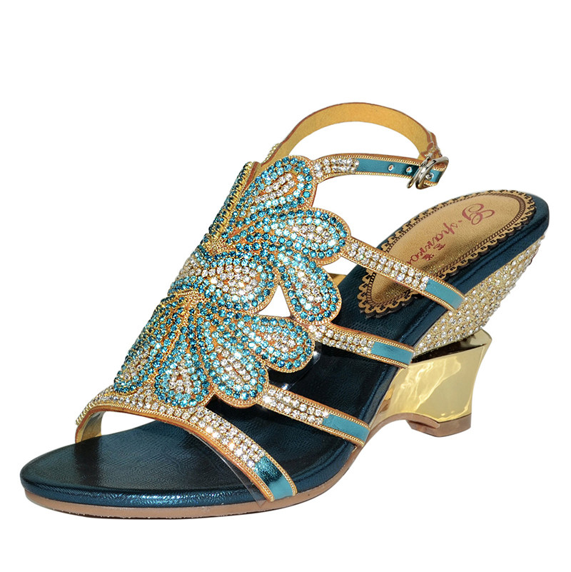 宫雀2020春夏季新款真皮坡跟水钻凉鞋镂空镶钻水晶高跟欧美女鞋子