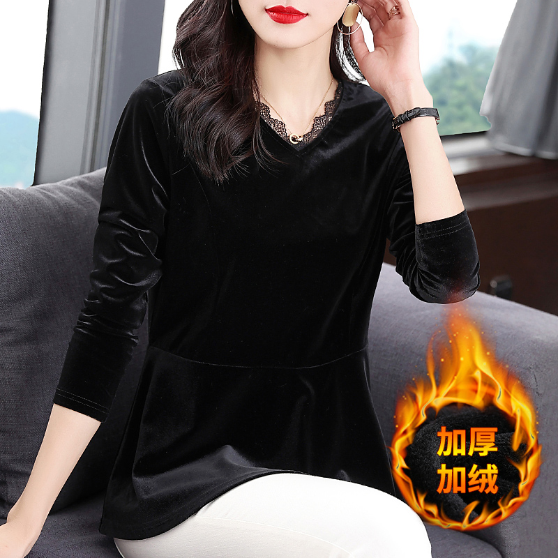 高端长袖金丝绒上衣女装春秋2021新款大码中长款打底衫女秋冬加绒