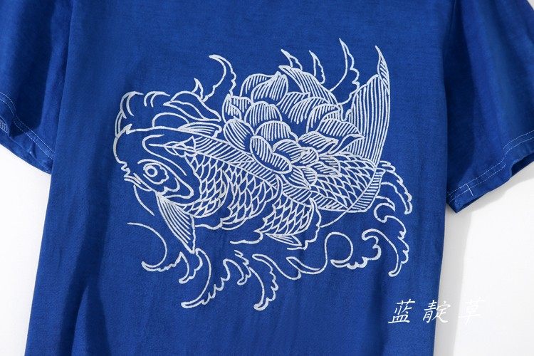贵州蜡染定制鱼纹短袖半截袖胖人特大号纯棉植物t恤