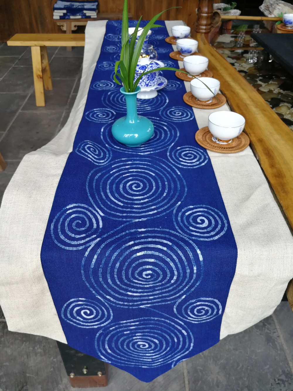 手工贵州丹寨蜡染茶旗桌旗茶定制植物染蓝棉新苗族蜡染