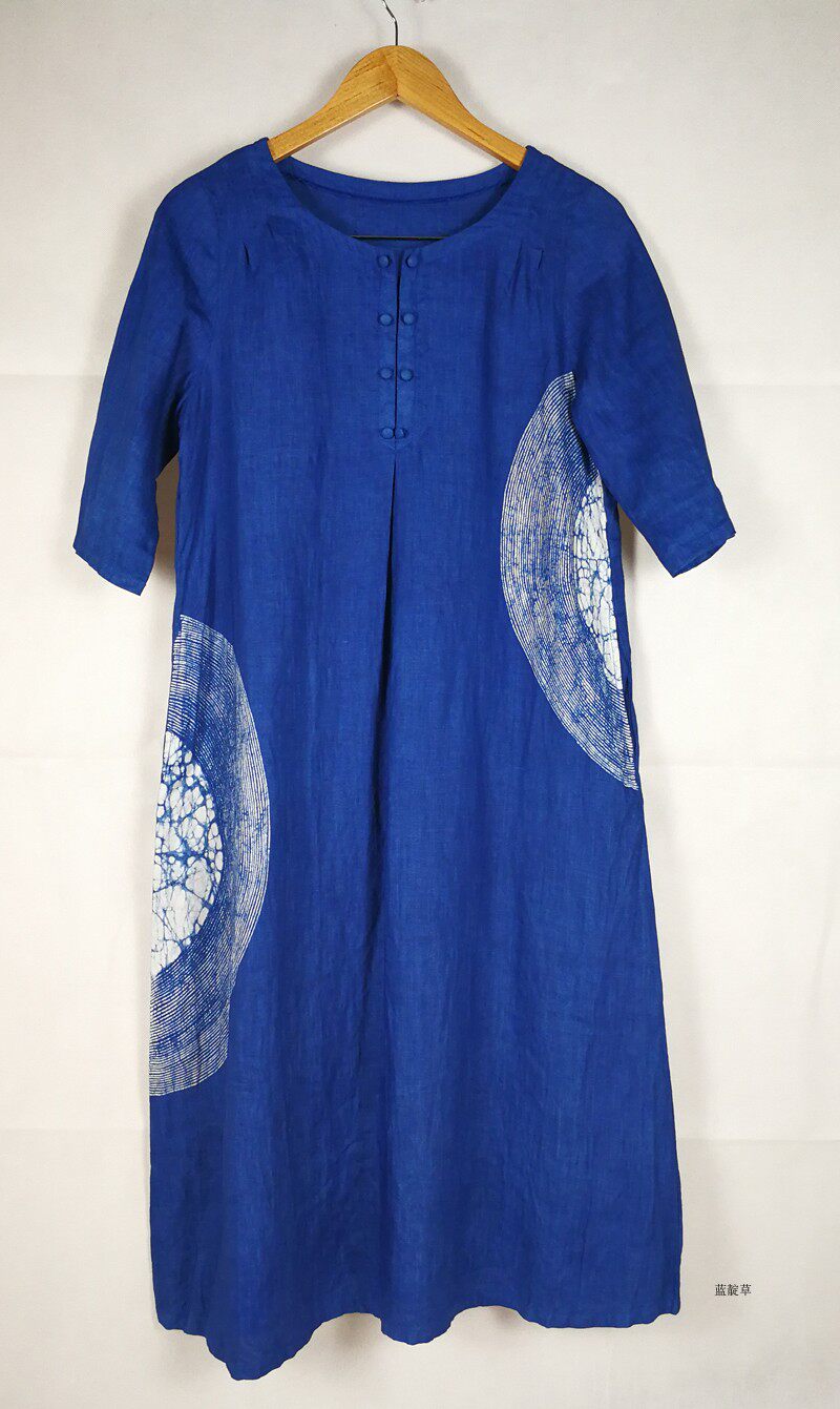 蓝靛原创植物蓝染靛蓝蜡染非遗技艺连衣裙手工艺连衣裙